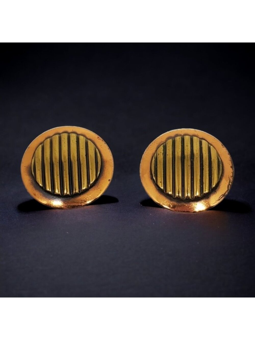 Vintage Copper Brass Tone Mixed Metal Ribbed Round Dome Clip On Earrings
